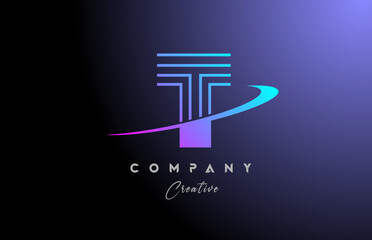 pink blue T alphabet letter logo icon design with swoosh. Creative line template for company and business