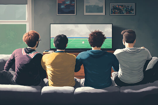 Back view of two young males enjoying a live football game on TV while seated on a cozy grey sofa. Four pals unwind on a plush couch at their house while watching an intriguing soccer match on televis