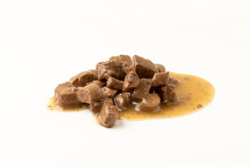 Delicious wet pet food on white background. Selective focus.