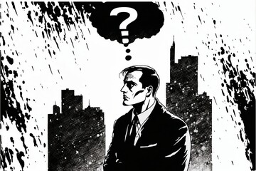 man in city with question mark thought bubble over his head cartoon illustration