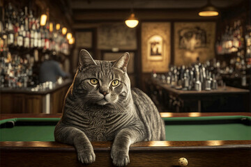 Getigerte graue Katze in der Bar an der Theke mit Billard Tisch - obrazy, fototapety, plakaty