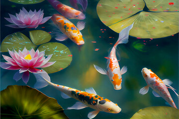 Koi Fish in Pond with Lilies. Generative ai - 557284306