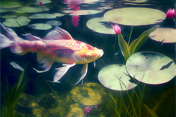 Koi Fish in Pond with Lilies. Generative ai