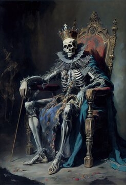 A horrible ancient skeleton king sits on a throne. The concept of a dead king. Generative AI Art.