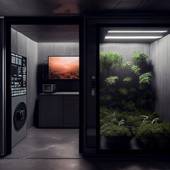 Futuristic room with hydroponic garden, growing plants in space or in future, generative ai