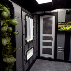 Futuristic room with hydroponic garden, growing plants in space or in future, generative ai