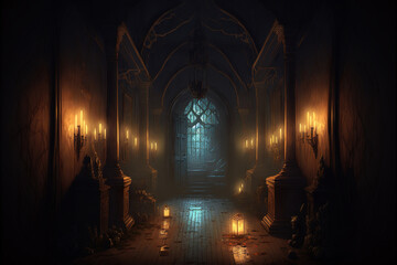 Obraz premium creepy interior of an abandoned building background, concept art, digital illustration, haunted house, scary interior