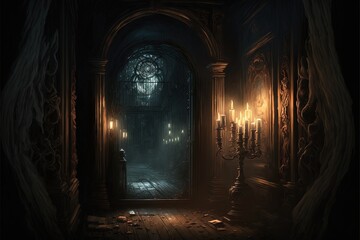 creepy interior of an abandoned building background, concept art, digital illustration, haunted house, scary interior