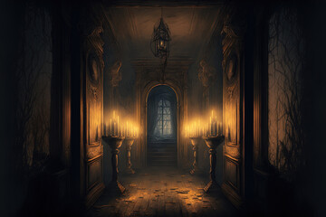 Obraz premium creepy interior of an abandoned building background, concept art, digital illustration, haunted house, scary interior