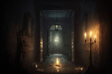 creepy interior of an abandoned building background, concept art, digital illustration, haunted house, scary interior