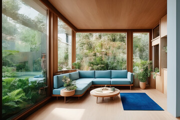  photography of an interior design, dreamy sunken living room conversation pit, wooden floor - AI Generated