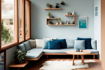  photography of an interior design, dreamy sunken living room conversation pit, wooden floor - AI Generated
