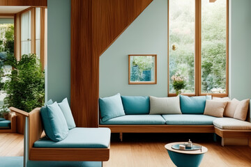 Fototapeta premium photography of an interior design, dreamy sunken living room conversation pit, wooden floor - AI Generated