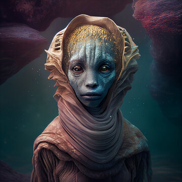 Portrait photo of anthropomorphic mermaid alien, generative ai