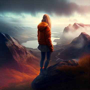 girl looking at view from mountain down to foggy walley, generative ai