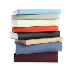 Stack of different books on white background