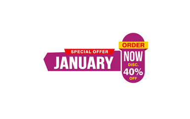 40 Percent JANUARY discount offer, clearance, promotion banner layout with sticker style. 