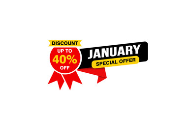 40 Percent JANUARY discount offer, clearance, promotion banner layout with sticker style. 