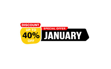 40 Percent JANUARY discount offer, clearance, promotion banner layout with sticker style. 