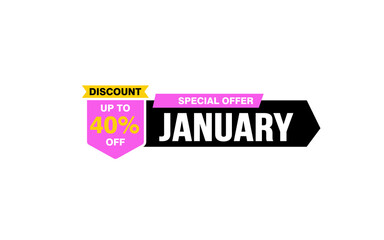 40 Percent JANUARY discount offer, clearance, promotion banner layout with sticker style. 