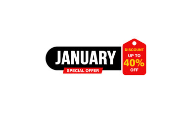 40 Percent JANUARY discount offer, clearance, promotion banner layout with sticker style. 
