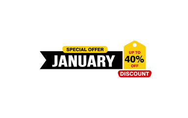 40 Percent JANUARY discount offer, clearance, promotion banner layout with sticker style. 