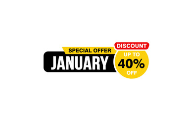 40 Percent JANUARY discount offer, clearance, promotion banner layout with sticker style. 