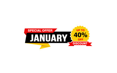 40 Percent JANUARY discount offer, clearance, promotion banner layout with sticker style. 