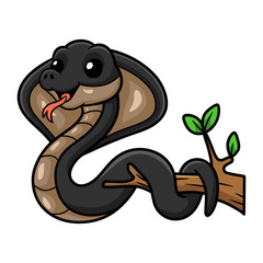 Cute javan spitting cobra cartoon on tree branch