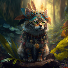 Fototapeta premium Spiritual Chaman-shaman cat in the forest with sun light Magic kitty with plants, druid cat green eyes Generative AI