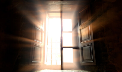 Heavenly light rays come from the window