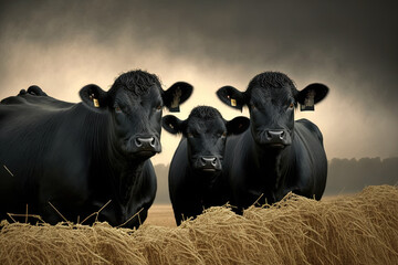 Black angus cows on a field of straw. Generative AI - obrazy, fototapety, plakaty
