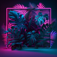 Blue and Pink Neon Light with Tropical Plants, Rectangle Shaped Fluorescent Frame in Exotic Environment