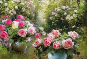 Watercolor paintings landscape, bouquet of pink roses