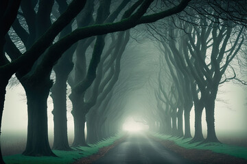 Naklejka premium a path in the midst of a foggy grove of trees. Generative AI
