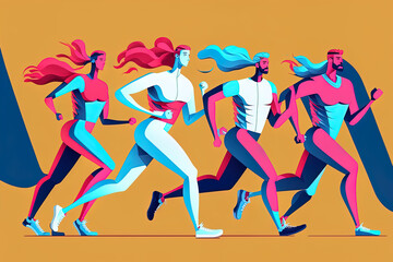 Run a marathon. Men and women in tracksuits running. Sportsmen in Colored Isolated Modern Characters. Illustration of a flat cartoon. Generative AI