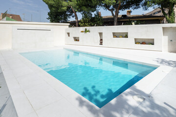 A white marble pool filled with inviting chlorinated water, a garden with a lawn and trees and...