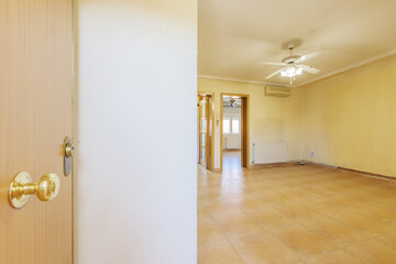 Hall of a house with armored door and access to an empty living room with stoneware floors