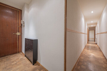Living room of a house with an armored door, a black wooden sideboard and long corridors with parquet floors and access to other rooms