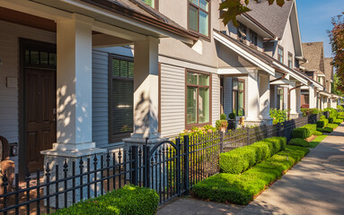Houses in suburb at summer in north America. Houses with nice landscape. Houses in beautiful residential neighbourhood