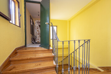 Vintage house with a staircase with wooden steps, a metal wrought iron railing and a small storage room with a green door