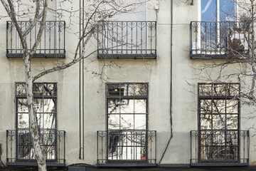 Fototapeta na wymiar Facade of a building with balconies with wrought iron bars and French windows and branches of deciduous trees