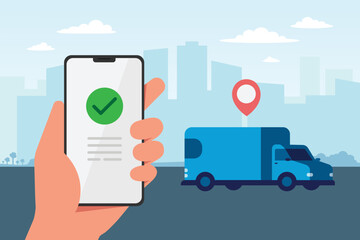 Delivery service concept, hand holding phone with tracking courier's location. Flat style vector illustration.