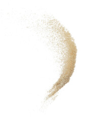 Brown Sugar flying explosion, brown grain sugar explode abstract cloud fly. Beautiful complete seed sugarcane splash in air, food object design. Selective focus freeze shot white background isolated