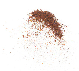 Red Hot Chilli flying explosion, red grain chilli explode abstract cloud fly. Beautiful complete seed chilly splash in air, food object design. Selective focus freeze shot white background isolated