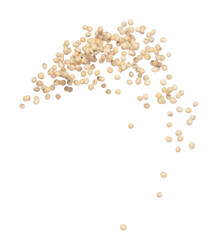 Soy Bean flying explosion, yellow grain beans explode abstract cloud fly. Beautiful complete seed pea soy bean splash in air, food object design. Selective focus freeze shot white background isolated