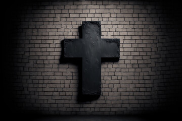 Concept of religion copy area with a black plastered brick wall and a wooden cross. Generative AI