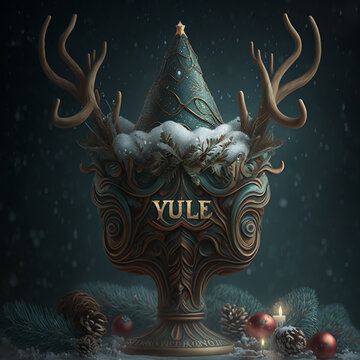 Yule design with still life from a candle, a bowl, deer horns, spruce branches, spruce cones. The Winter Solstice, Celebrating Yule