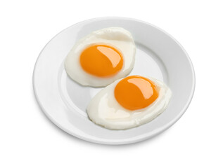 Plate with tasty fried eggs isolated on white