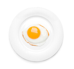Plate with delicious fried egg isolated on white, top view
